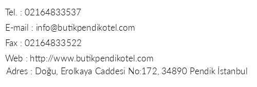 Butik Pendik Otel telefon numaralar, faks, e-mail, posta adresi ve iletiim bilgileri
